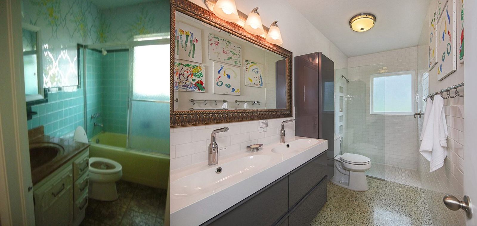 Green-tiled bathroom before and after, now with a double vanity