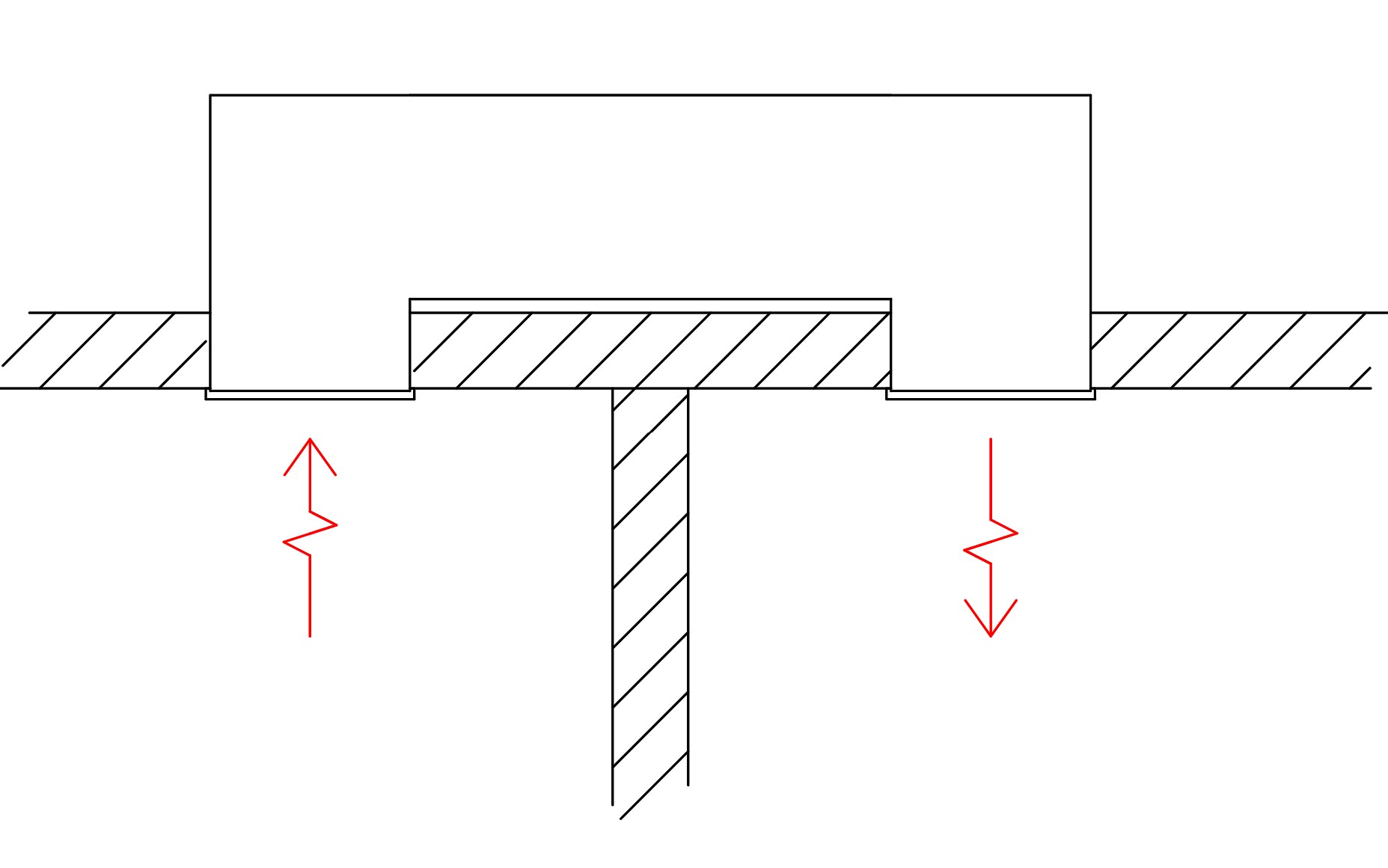 Section: rigid transfer duct over the ceiling, connecting a grille in each room across the wall