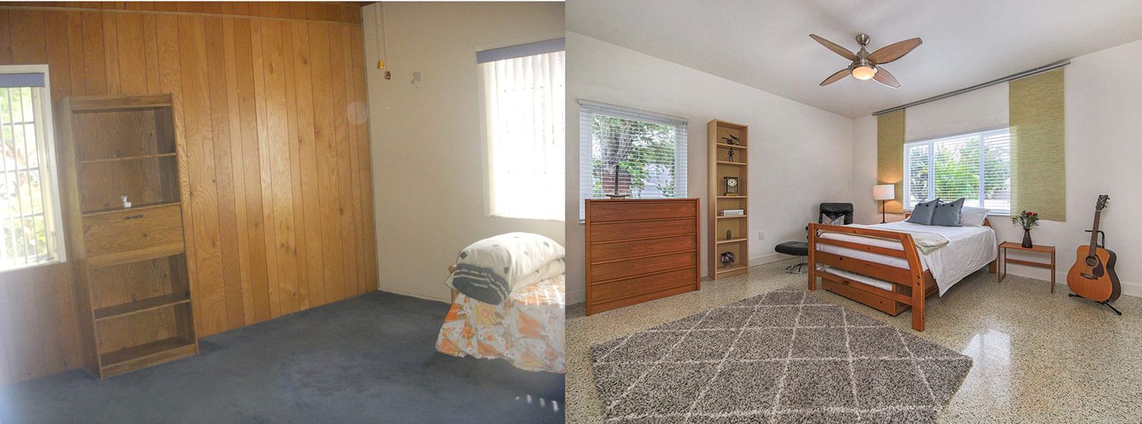 Wood-paneled bedroom before and after