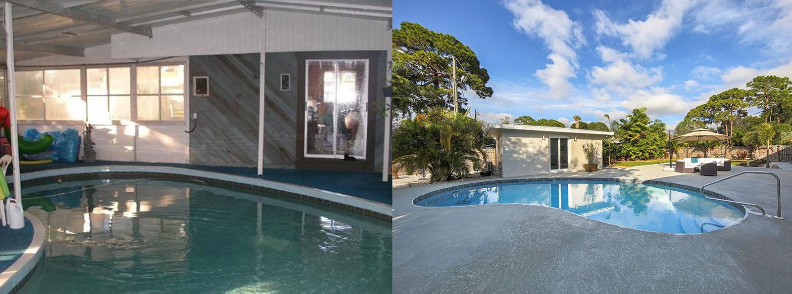 Screened pool before and after, with the enclosure removed