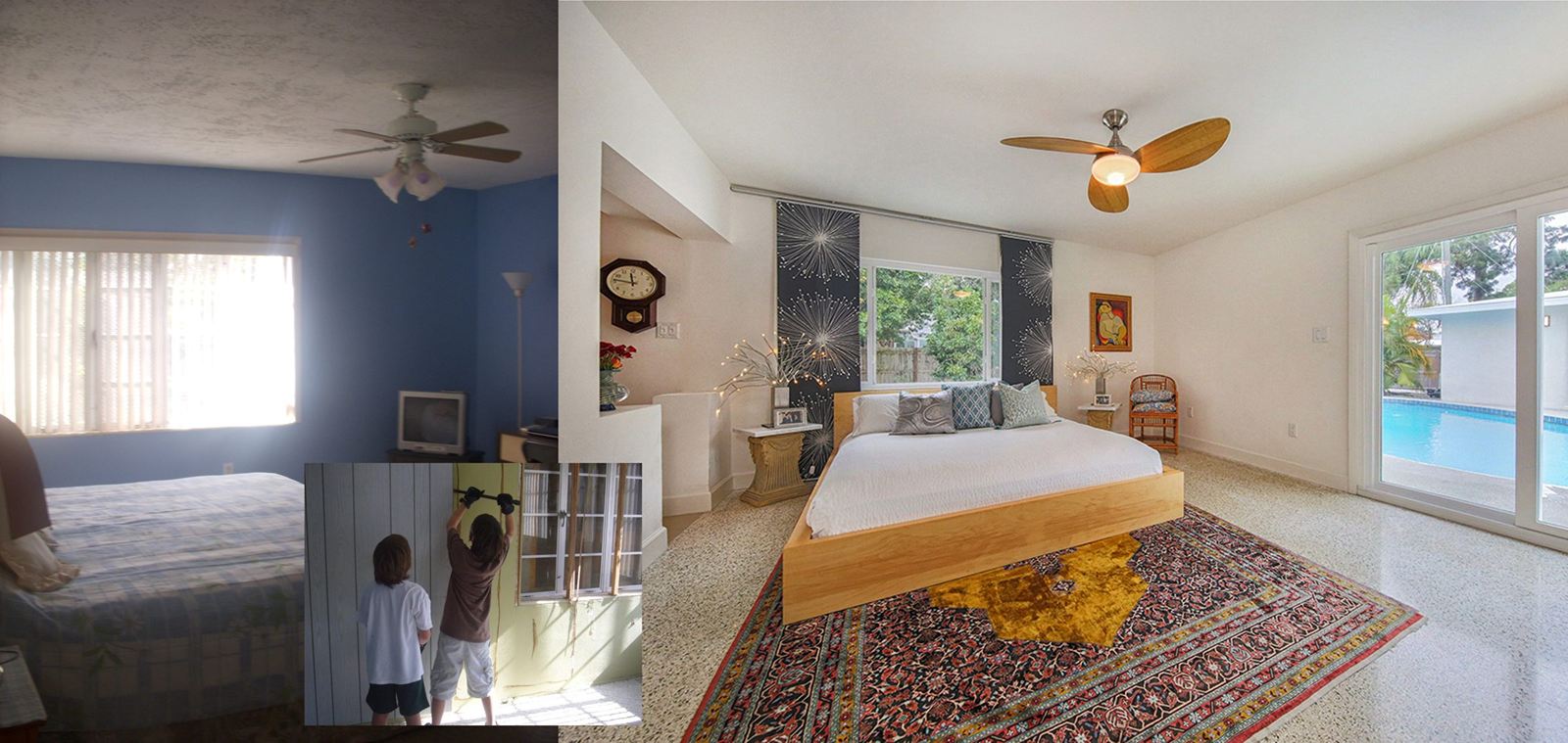 Blue bedroom before and after, now the main bedroom with a pool view