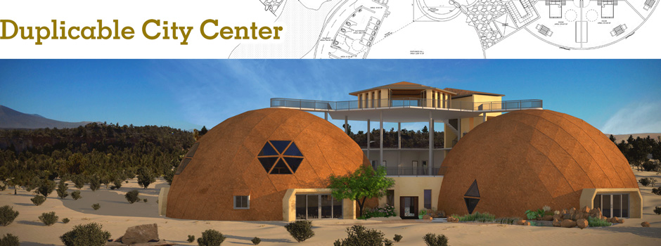 Rendering of the One Community Duplicable City Center: two geodesic domes joined by a central tower