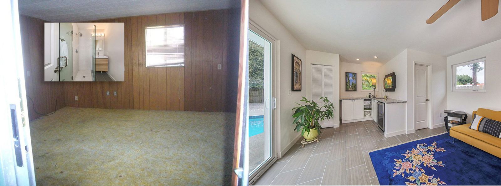 Wood-paneled pool house room before and after