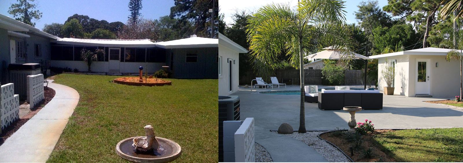 Back yard and pool house before and after