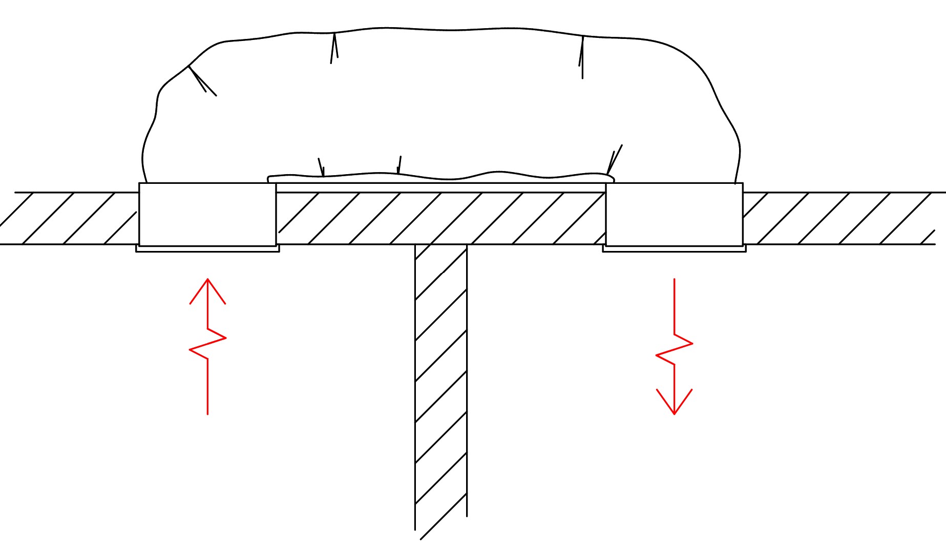 Section: flexible transfer duct over the ceiling, connecting a grille in each room across the wall
