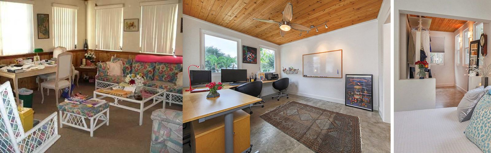 Den with a wood ceiling before and after, now a home office