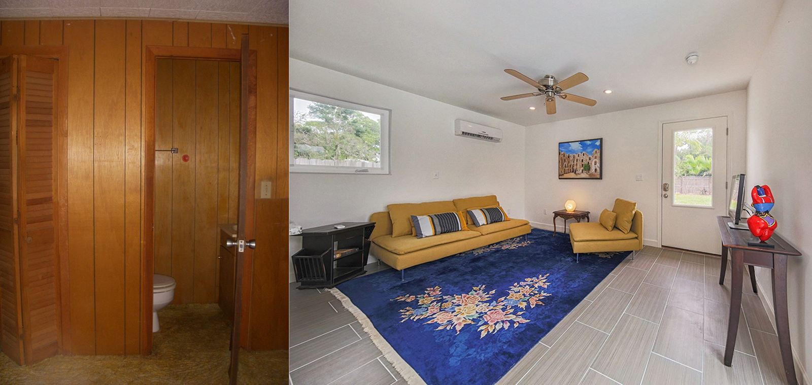 Pool house before and after, with a new tile floor